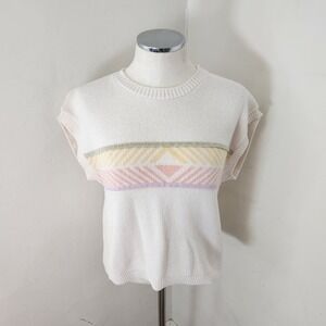Keren Vintage 80s Pastel Geometric Stripe Cotton Knit Short Sleeve Sweater Cream